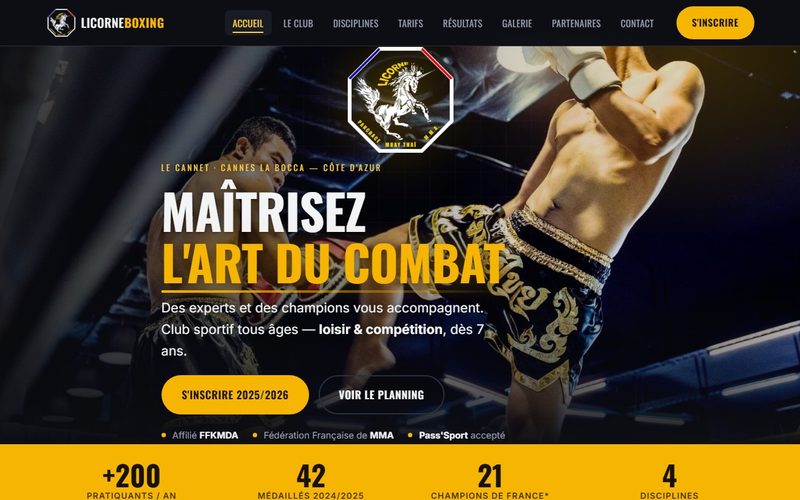 Aperçu de la page d'accueil du site Licorne Boxing
